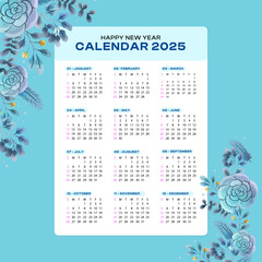 2025 new year calendar template with blue and flowers background