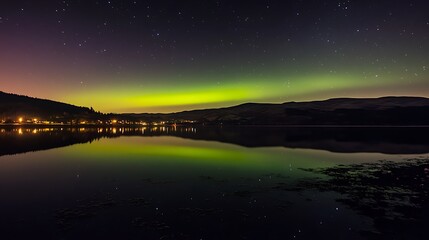 Aurora lights reflected in the glassy waters of an isolated mountain lake