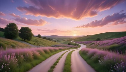 Un camino largo y sinuoso que se extiende a lo lejos bajo un colorido cielo al atardecer con nubes. El camino está rodeado de frondosos árboles verdes y vegetación a ambos lados