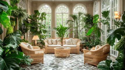 Fototapeta premium An affluent Hollywood Regency conservatory with a variety of exotic plants