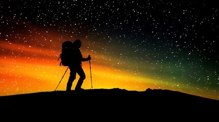Obraz premium Silhouette of a lone hiker under the magical glow of the northern lights