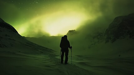 Silhouette of a lone hiker under the magical glow of the northern lights