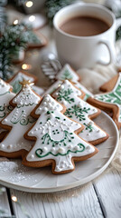 Vertical Christmas card featuring homemade gingerbread cookies shaped like Christmas trees with white icing. Ideal seasonal background for cafe or bakery menu and festive promotions