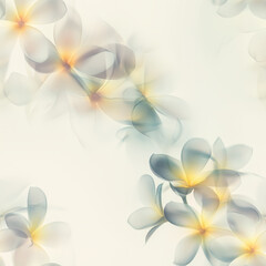 Obraz premium art, icm, motion, a seamless pattern that can be printed on a fabric. contains exotic and tropical flowers , tropical big leafs, background should be a peachy orange leafs should be blue and ecru, 