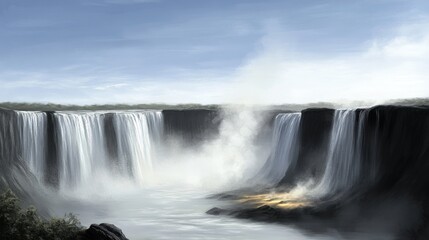 Fototapeta premium A serene landscape featuring majestic waterfalls surrounded by mist and natural beauty.