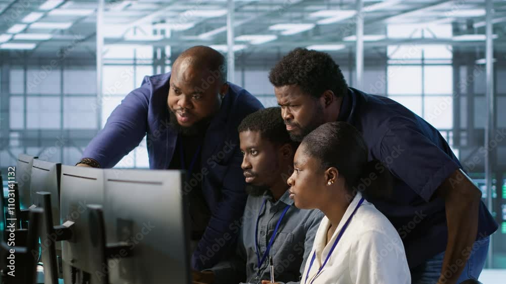 Poster coworkers in data center doing brainstorming, implementing ai predictive maintenance systems. server
