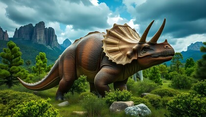 Fototapeta premium Un dinosaurio grande y de aspecto feroz en un exuberante paisaje prehistórico con montañas, bosques y un cielo nublado al fondo
