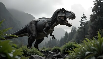 Fototapeta premium Un dinosaurio grande y de aspecto feroz en un exuberante paisaje prehist√≥rico con monta√±as, bosques y un cielo nublado al fondo