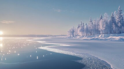 Aurora reflections shimmering on the surface of a frozen lake under a clear arctic sky