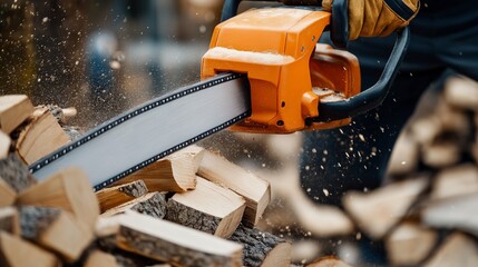Fototapeta premium A close-up of a chainsaw cutting through stacked logs, with sawdust flying.