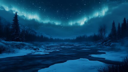 Aurora borealis illuminating the horizon over a frozen river in a quiet wilderness