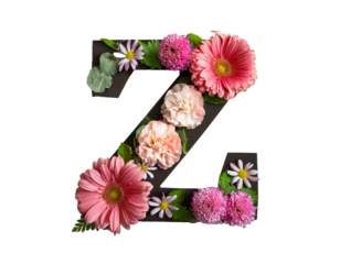 Letter Z lettering with flowers, isolated on white background, cut out