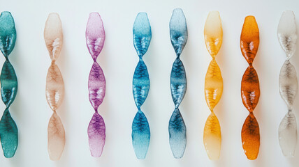Colorful abstract shapes resembling chromosome pairs arranged in pattern, showcasing variety of vibrant hues and textures on clean background