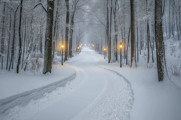 Obraz premium Snowy Winter Path Winding Road Snow Covered Trees Illuminated Pathway Winter Wonderland
