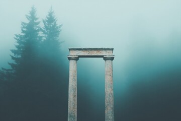Ancient stone columns gateway in mystical foggy pine forest. Atmospheric teal and turquoise landscape. Historical ruins architecture in misty woodland with copy space