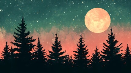 Naklejka premium Silhouette of pine trees against a vivid aurora display glowing in shades of green and pink