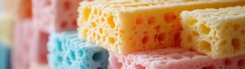 A vibrant collection of colorful sponges stacked together, perfect for cleaning and home organization.