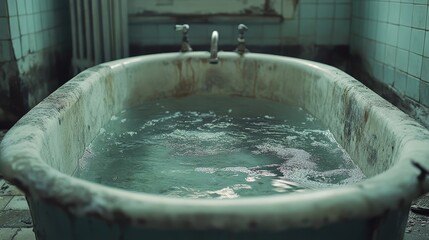 A vintage bathtub filled with water, showcasing a rustic, worn-out aesthetic in a dimly lit abandoned bathroom.