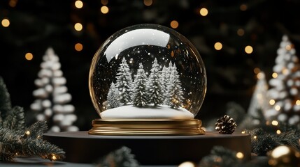 Christmas tree in Glass snow globe on black background, Christmas decorative design with white snowdrift,snowflakes,glow garland,3d decorative garland glow.Xmas Decorations,Vector illustration.