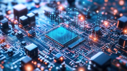 Obraz premium Abstract Close-Up of Futuristic Circuit Board with Digital Effects