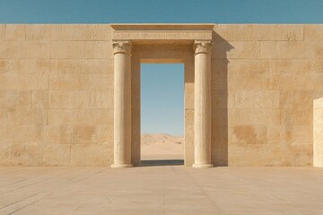 Ancient Egyptian style stone doorway with columns in desert architecture. Minimalist beige limestone entrance with view of blue sky. Archaeological concept for travel design with copy space