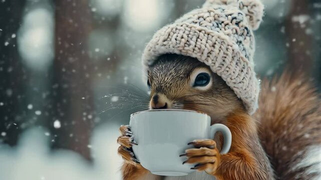 cute squirrel in white knitted hat holding cup of coffee over winter forest background with copy space