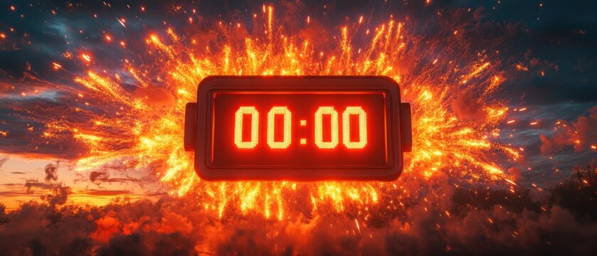 Digital countdown timer against an explosive backdrop.