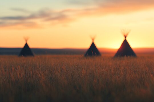 Traditional Native American teepees silhouetted against dramatic orange sunset sky over tall prairie grass field. Cultural landscape at dusk with copy space