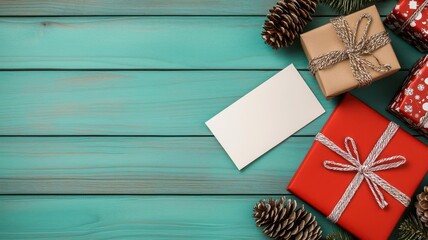 Flat lay of personalized Christmas cards, pinecones, and wrapped gifts, arranged on a wooden surface   Christmas cards, personalized stationery