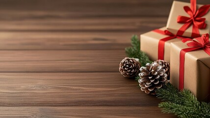 Flat lay of personalized Christmas cards, pinecones, and wrapped gifts, arranged on a wooden surface   Christmas cards, personalized stationery