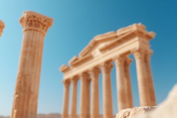 Ancient Roman temple ruins with marble columns against bright blue sky. Historical Mediterranean architecture. Archaeological site with classical pillars. Tourist destination for banner with copy spac