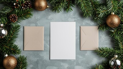 Flat lay of personalized holiday cards with envelopes, surrounded by garlands and ornaments   holiday cards, personalized stationery