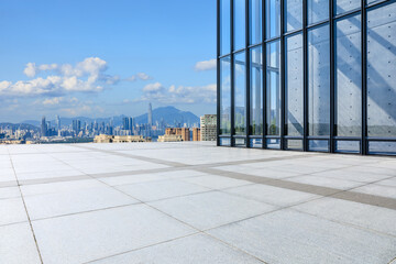 Empty square floor with modern city buildings scenery in Shenzhen. Outdoor city background.