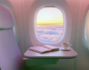 airplane seat with book and cup of coffee beside window overlooking sunrise.  image for travel blog, airline advertisement, or articles about air travel