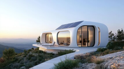 Futuristic home on a hill, with sleek, metallic designs and solar panels glinting in the sunlight   futuristic house, hightech design