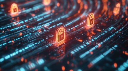 Fototapeta premium Digital Lock Symbols on Flowing Data Streams with Glowing Effects