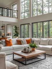 Modern Living Room with Neutral Sectional Sofa, Vibrant Orange Accents, Wooden Coffee Table, Floor-to-Ceiling Windows, and Open-Concept Kitchen Overlooking a Lush Garden.
