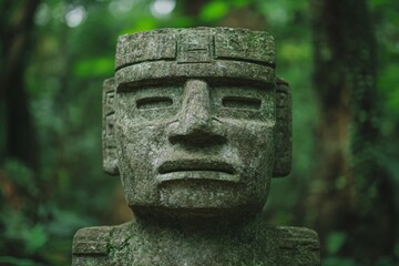 Ancient stone idol sculpture in tropical jungle. Mysterious Mayan or Aztec artifact with geometric patterns. Archaeological relic in green forest environment with copy space