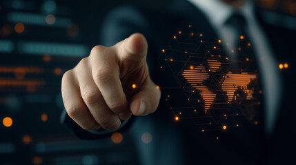 
EDI, Electronic Data Interchange Concept. Businessman touching on EDI (Electronic Data Interchange) icons, global data transfer, digital security, information paperwork exchange in business context