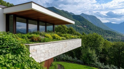 Hilltop house with a rooftop garden, blending seamlessly with the surrounding natural landscape   rooftop garden, nature integration