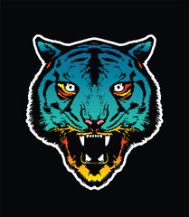 Evil tiger head. Original vector illustration in vintage style. T-shirt design.