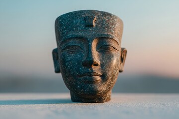Ancient Egyptian pharaoh head sculpture in bronze patina against sunset sky. Historical artifact statue on textured surface. Museum quality archaeological art piece with copy space