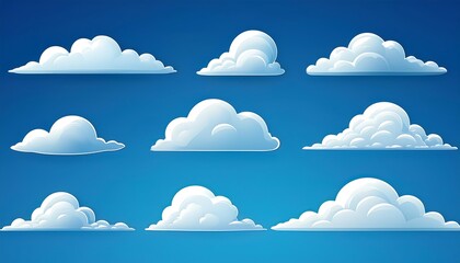 Whimsical vector cloudscape illustration with bright blue sky and fluffy clouds, perfect for summer wallpaper design