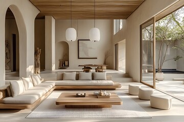 Modern Minimalist Living Room with Wooden Furniture and Pendant Lights. A Serene Space Featuring a Wooden Sofa, Armchair, Coffee Table, and Large Windows Allowing Natural Light to Illuminate the Room.