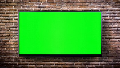 Flat LCD TV with green screen display on bricks wall background 