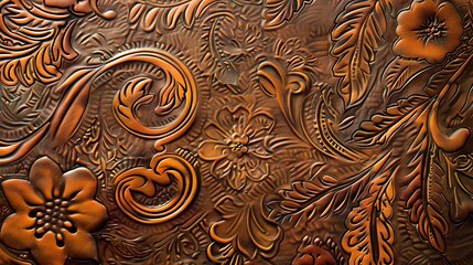 Close up of tooled leather with a floral pattern.