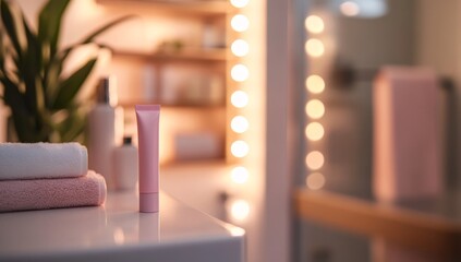 Pink cosmetic tube on a white counter top in a bathroom with a makeup mirror with warm lights.