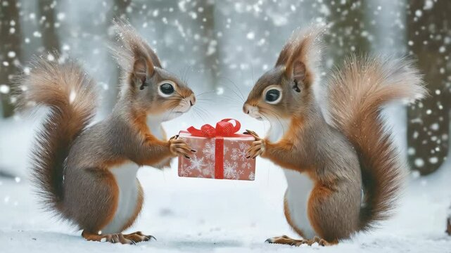 cute squirrels with christmas gift box over winter forest background