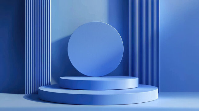 Minimalistic blue backdrop with circular and rectangular shapes
