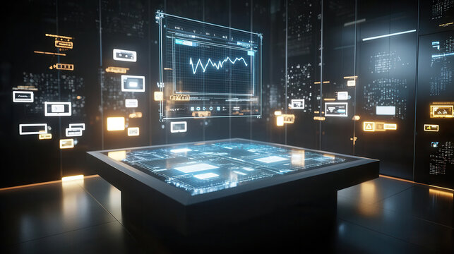 futuristic digital interface displaying user identity data and analytics in high tech environment. scene features glowing screens and data visualizations
